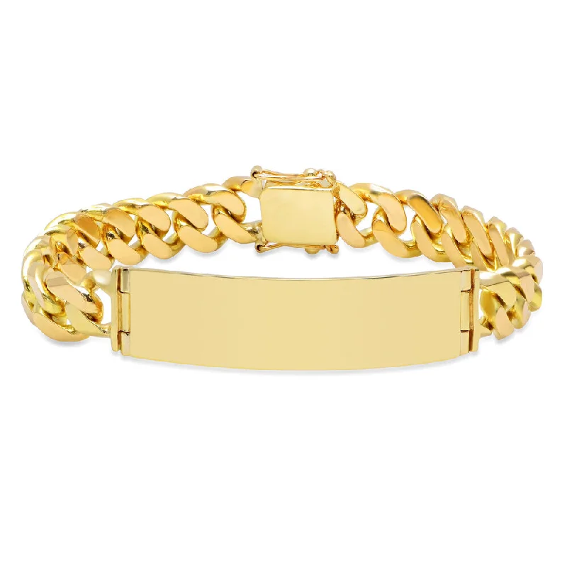 luxury bracelet with custom gemstones and engraving-14K Yellow Gold 13 mm Cuban Link Polished ID Bracelet