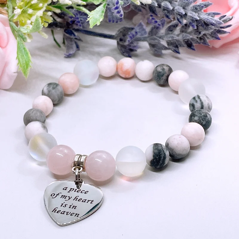 silver bracelet with moonstone for intuition and growth-A Piece of my Heart is in Heaven Classic Charm Bracelet Rose Quartz