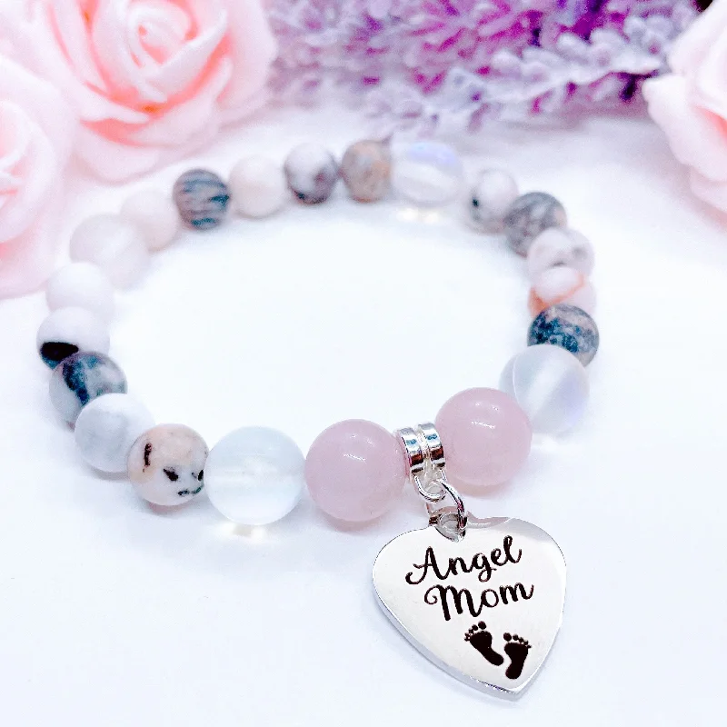 silver bracelet with personalized engraving for unique gift-Angel Mom Classic Charm Bracelet Rose Quartz