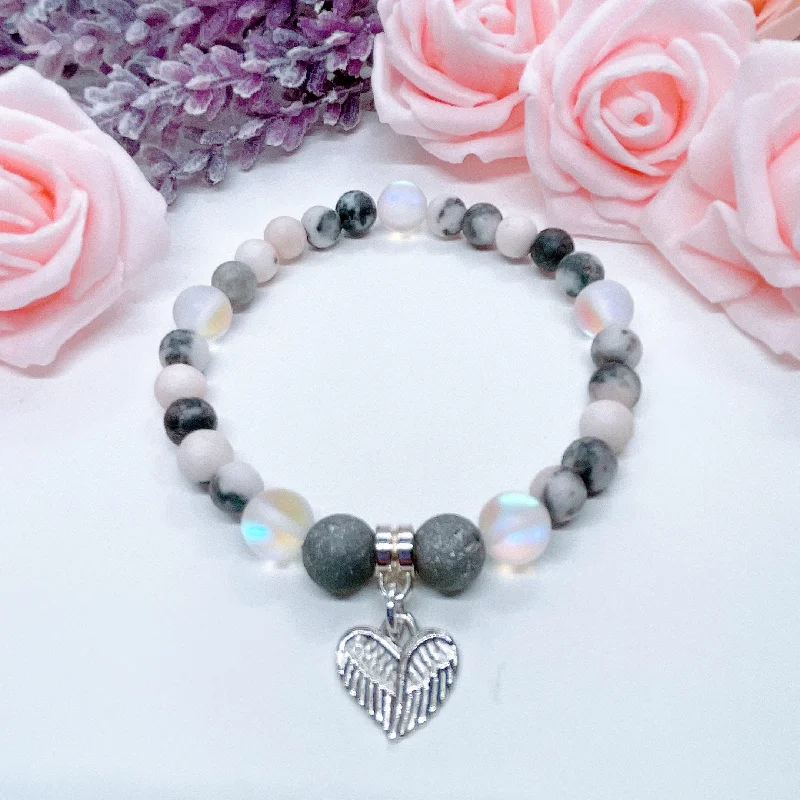 personalized silver bracelet with birthstone for birthday gift-Angel Wings Heart Companion Charm Bracelet Druzy