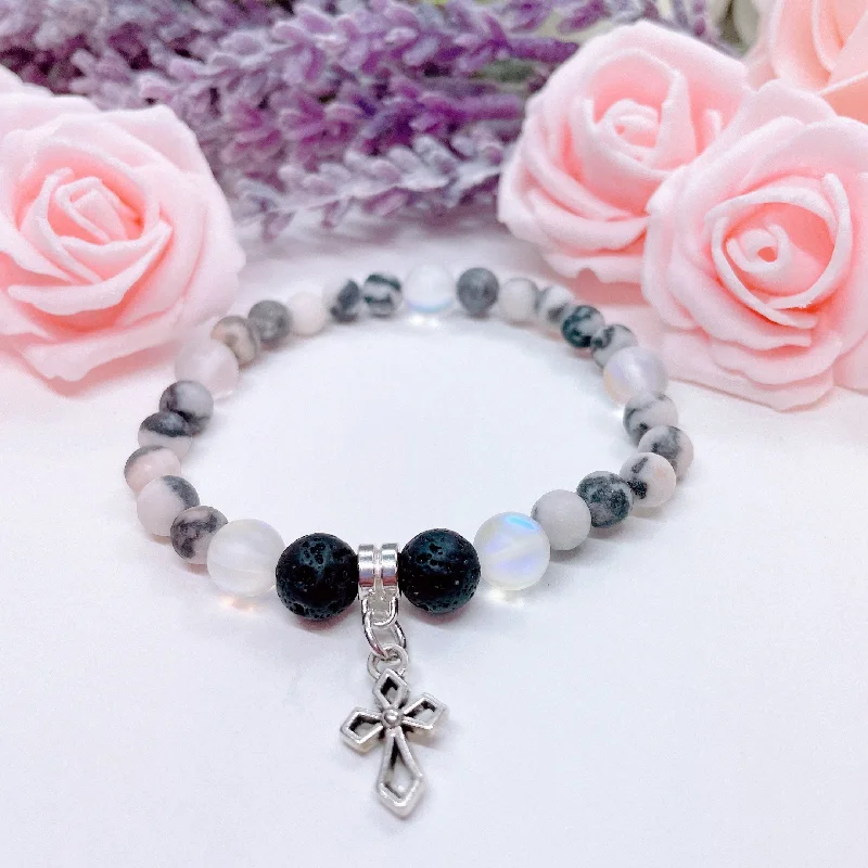 personalized bracelet with gemstone for positive energy-Silver Deco Cross Companion Charm Bracelet Lava