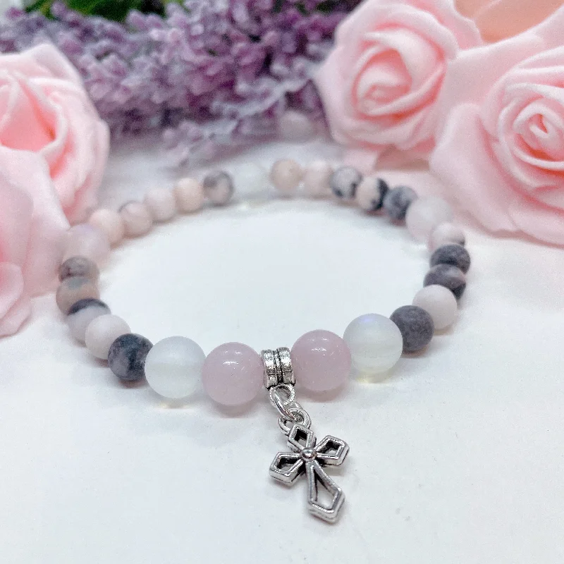 silver bracelet with engraved family initials for personal connection-Silver Deco Cross Companion Charm Bracelet Rose Quartz