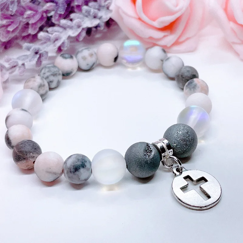 silver bracelet with initials for family gift-Silver Hollow Cross Classic Charm Bracelet Druzy