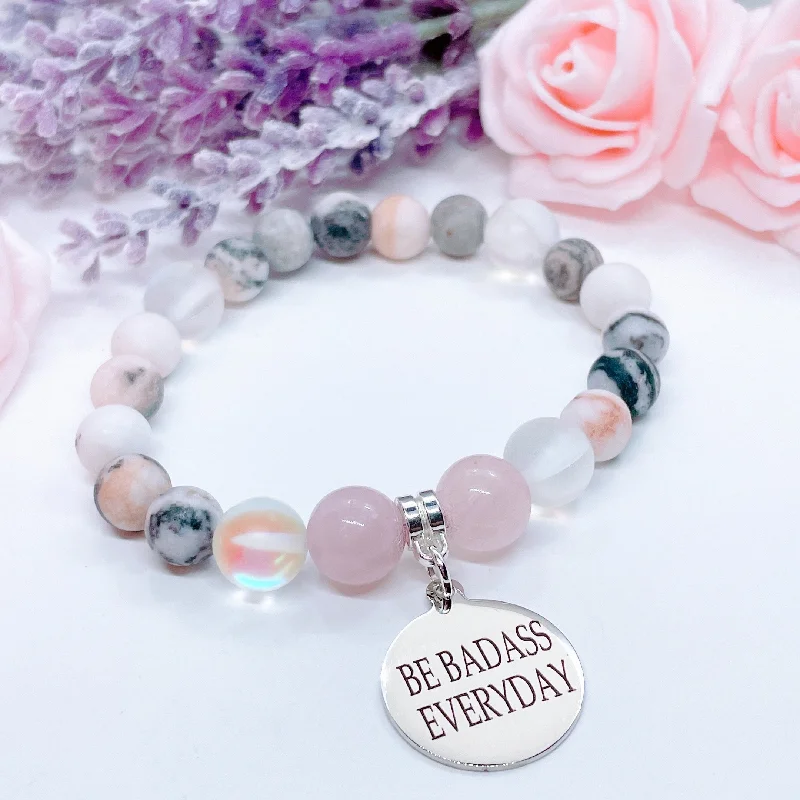 luxury silver bracelet with diamond accents and engraving-Be Badass Everyday Classic Charm Bracelet Rose Quartz