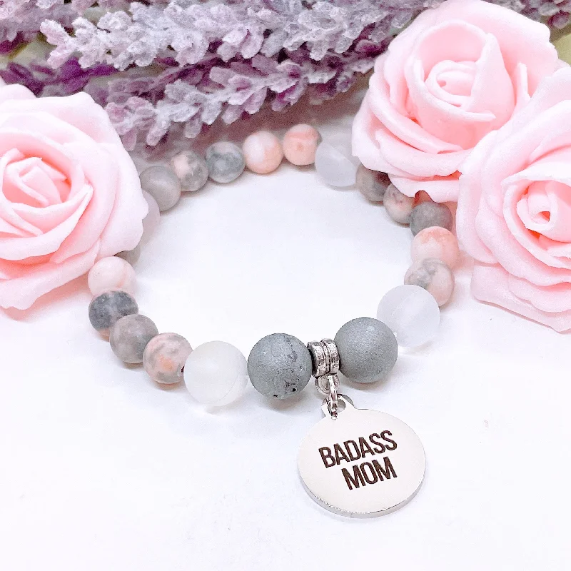 silver bracelet with engraved message for anniversary or birthday-Badass Mom Classsic Charm Bracelet Druzy