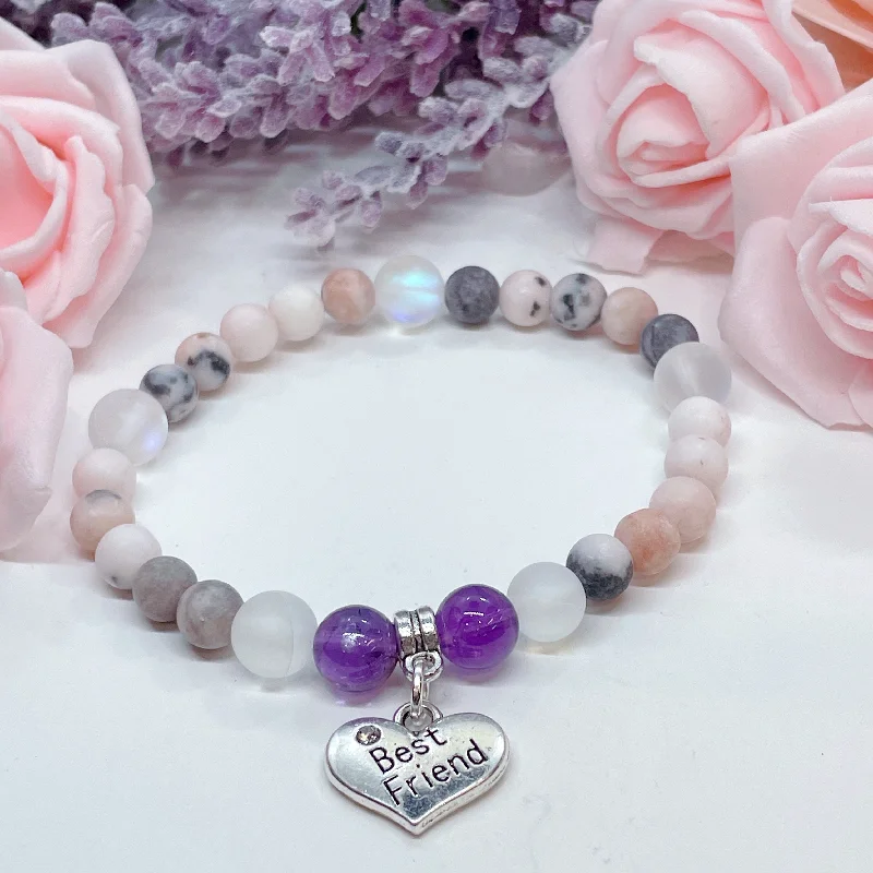 personalized silver bracelet with engraved coordinates for family-Best Friend Heart Companion Charm Bracelet Amethyst