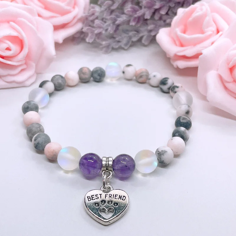 silver bracelet with charm for friendship gift-Best Friend Heart Pet Paw Companion Charm Bracelet Amethyst