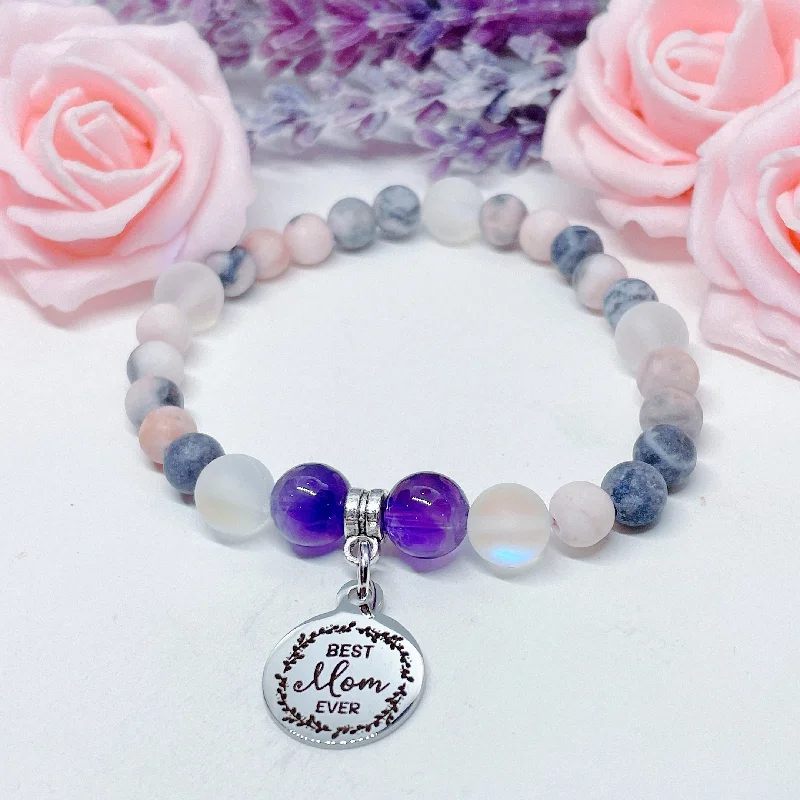 bohemian bracelet with engraved moon and star charm-Best Mom Ever Companion Charm Bracelet Amethyst