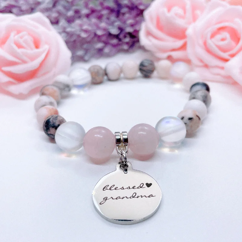 personalized bracelet with engraved initials for romantic gift-Blessed Grandma Classic Charm Bracelet Rose Quartz