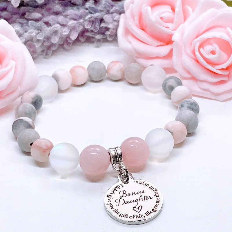 silver bracelet with meaningful message for special gift-Bonus Daughter Classic Charm Bracelet Rose Quartz