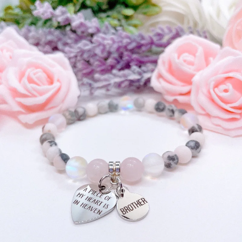 personalized silver bracelet with engraving for special day-Brother: A Piece of my Heart is in Heaven Heart Companion Charm Bracelet Rose Quartz