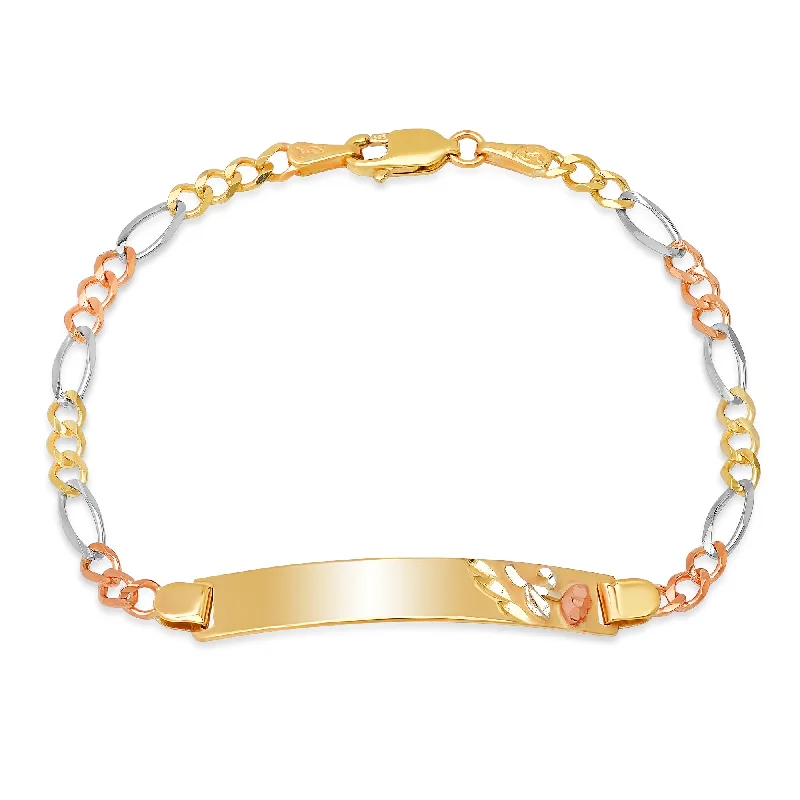 silver bracelet with engraved coordinates for destination memories-14K Tri-color Gold 100 Figaro Ladies ID Bracelets