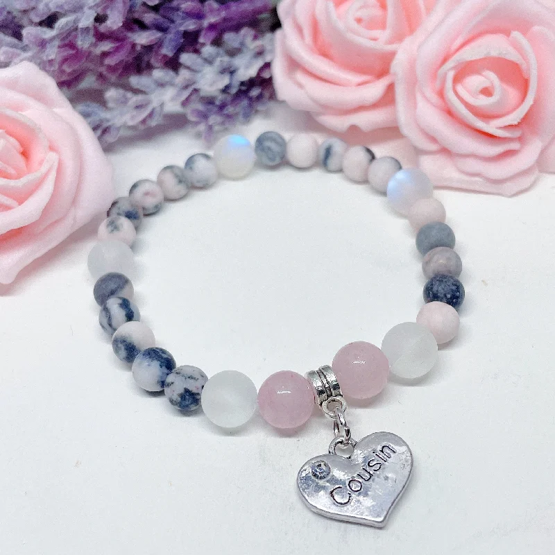 silver bracelet with engraved family name for keepsake gift-Cousin Heart Companion Charm Bracelet Rose Quartz