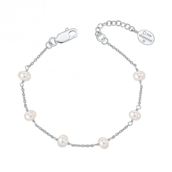 charm bracelet with gemstone beads for energy healing-Children's White Freshwater Pearl Diamond Bracelet B5449W