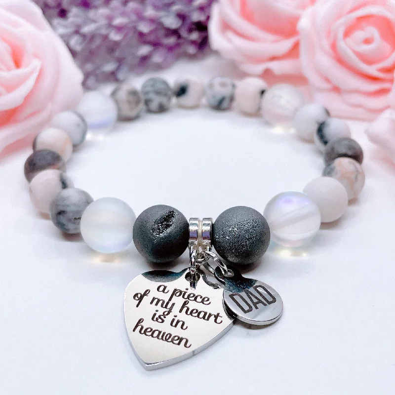 silver bracelet with charm for good luck and positivity-Dad: A Piece of my Heart is in Heaven Heart Classic Charm Bracelet Druzy