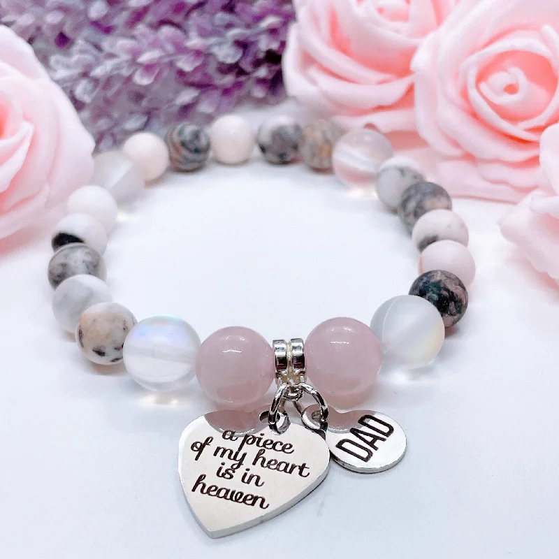 silver bracelet with meaningful symbol for spiritual growth-Dad: A Piece of my Heart is in Heaven Heart Classic Charm Bracelet Rose Quartz