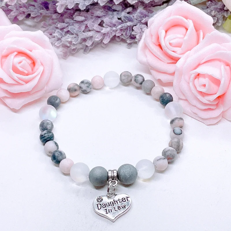 luxury bracelet with custom gemstones and engraving-Daughter In Law Heart Companion Charm Bracelet Druzy