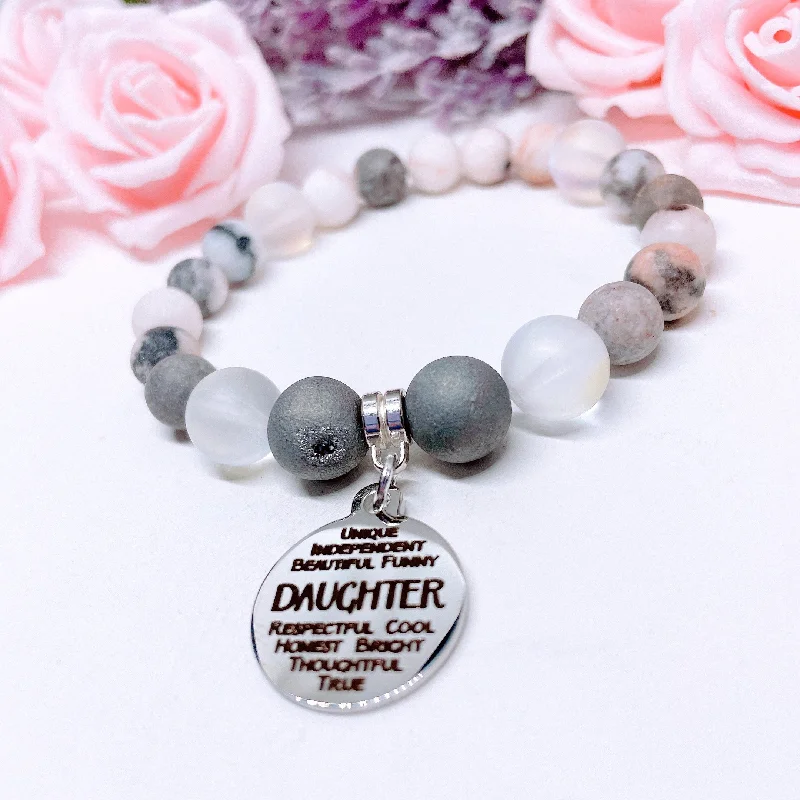 personalized bracelet with motivational charm for strength-Daughter Sentiments Classic Charm Bracelet Druzy