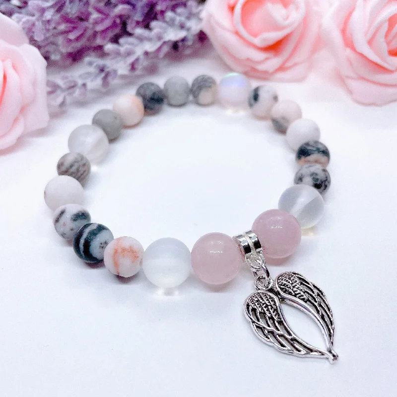 custom bracelet with engraving for romantic gesture-Double Angel Wing Classic Charm Bracelet Rose Quartz