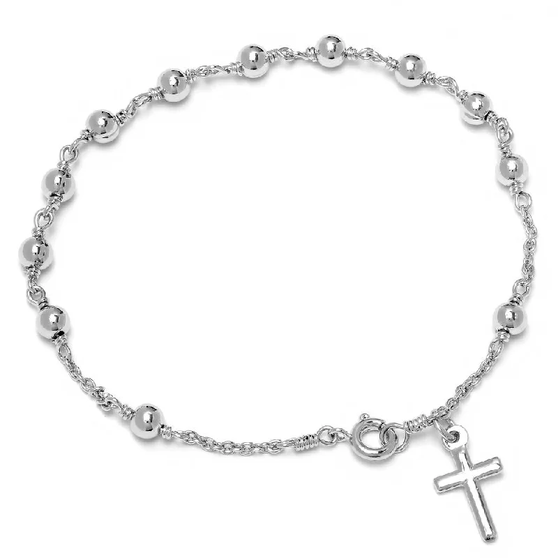 personalized charm bracelet for gift with custom engraving-Sterling Silver 4mm Polished Rosary Bracelet (7 Inch)