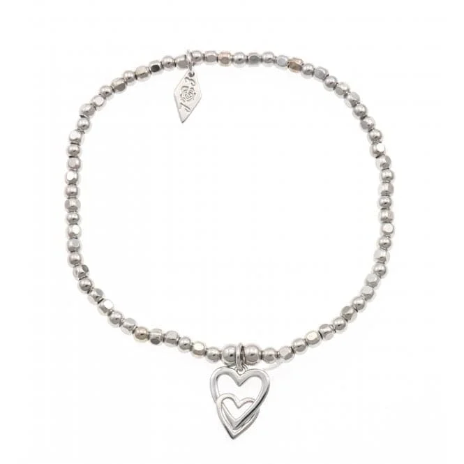 custom bracelet for anniversary with meaningful engraving-Sterling Silver Rhodium Plated Beaded Double Heart Bracelet ERLB029