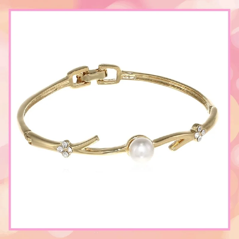 silver bracelet with engraved charm for best friend gift-Estele Gold Plated Pearl Branch Cuff Bracelet for women