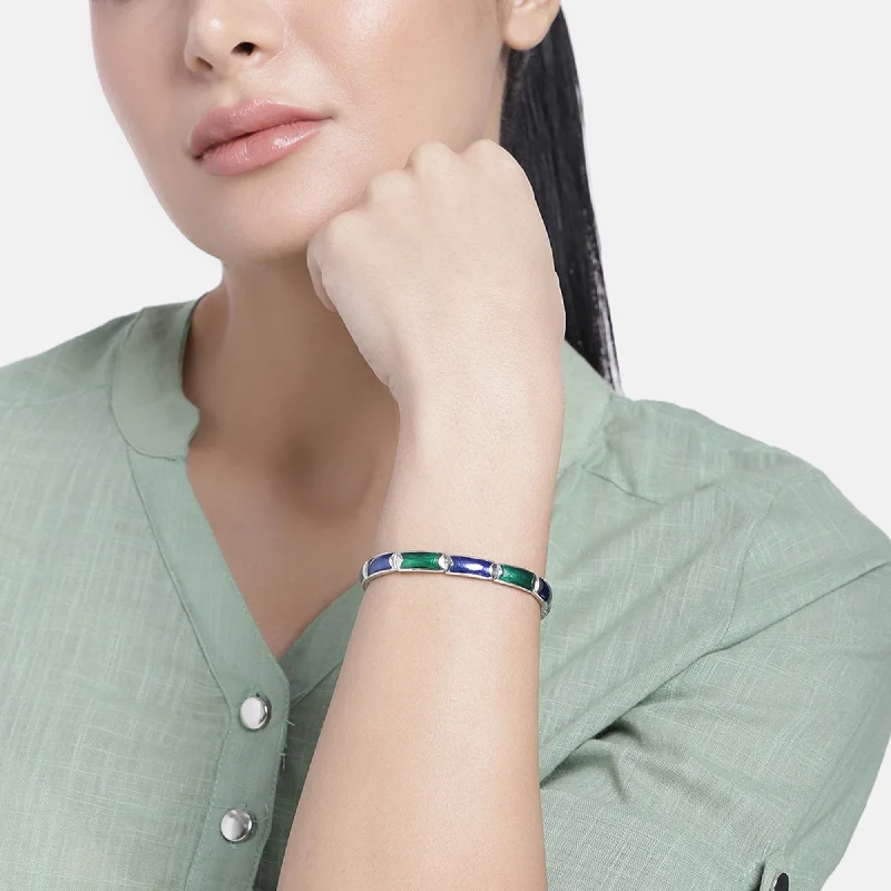 personalized silver bracelet with gemstone for protection-Estele Rhodium Plated Blue and Green Enamel Cuff Bracelet for women