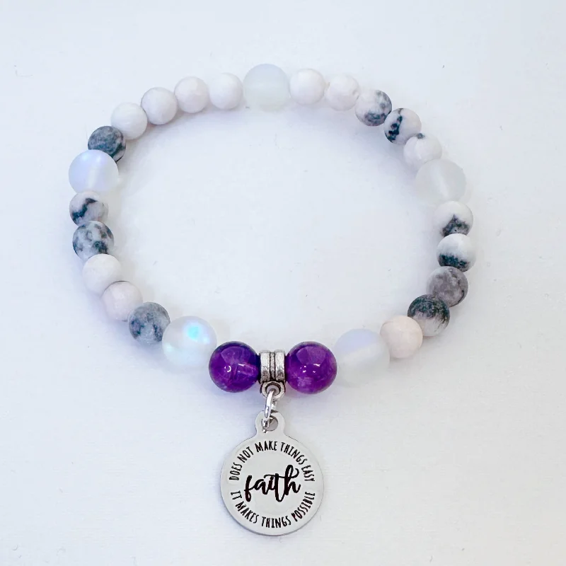 silver bracelet with meaningful word charms for healing-Faith Does Not Make Things Easy, It Makes Things Possible Companion Charm Bracelet Amethyst