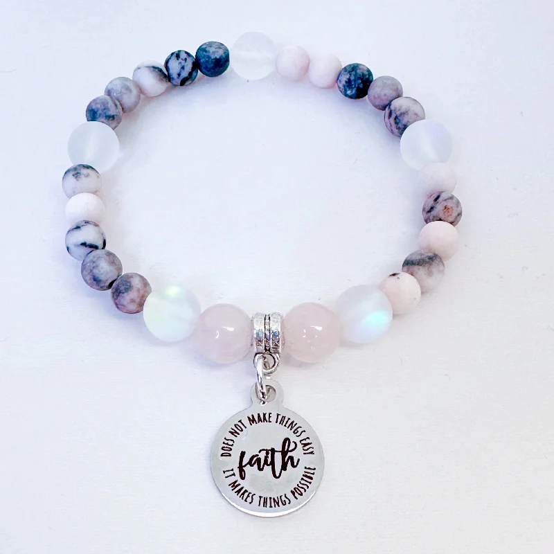 silver bracelet with gemstone beads for love energy-Faith Does Not Make Things Easy, It Makes Things Possible Companion Charm Bracelet Rose Quartz