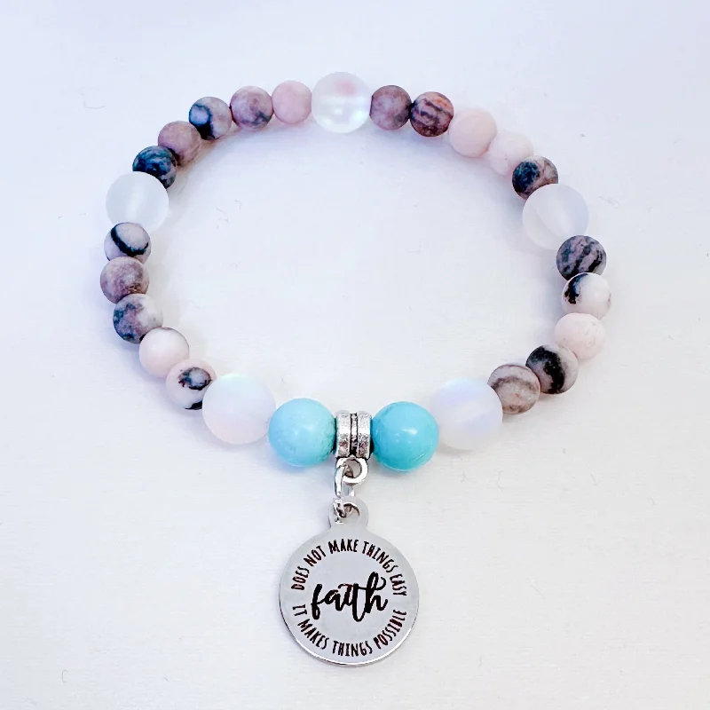 adjustable silver bracelet with inspirational words for motivation-Faith Does Not Make Things Easy, It Makes Things Possible Companion Charm Bracelet Turquoise