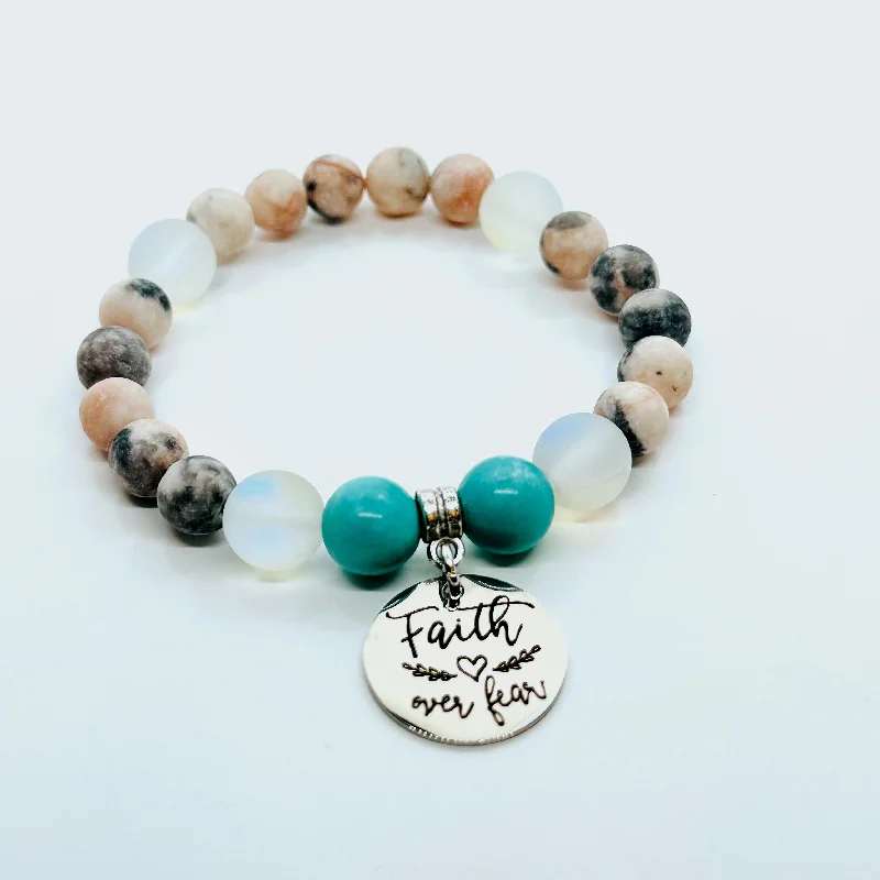 custom bracelet for men with engraved quote for him-Faith Over Fear Classic Charm Bracelet Turquoise