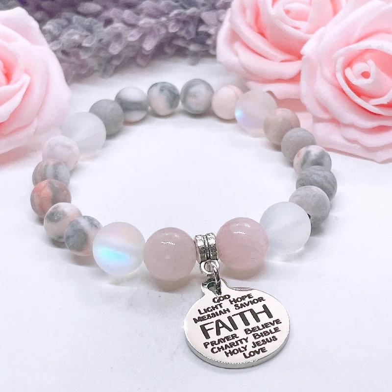 luxury silver bracelet with diamonds and engraving for elegance-Faith Sentiments Classic Charm Bracelet Rose Quartz