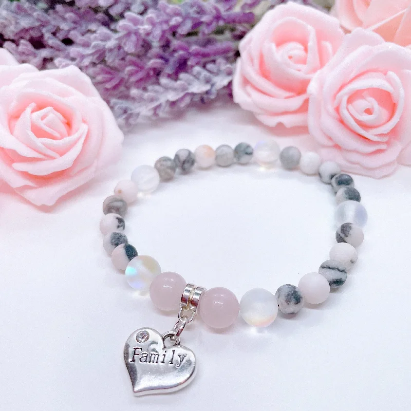 custom bracelet with gemstone for strength and healing-Family Heart Companion Charm Bracelet Rose Quartz