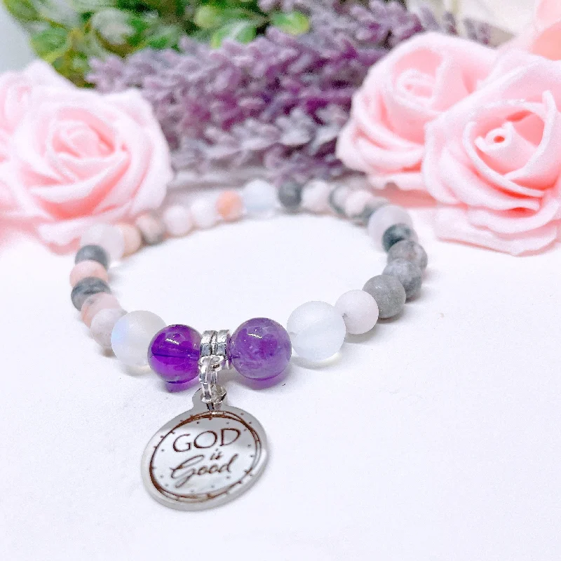 gold bracelet with personalized charm for loved ones-God is Good Companion Charm Bracelet Amethyst