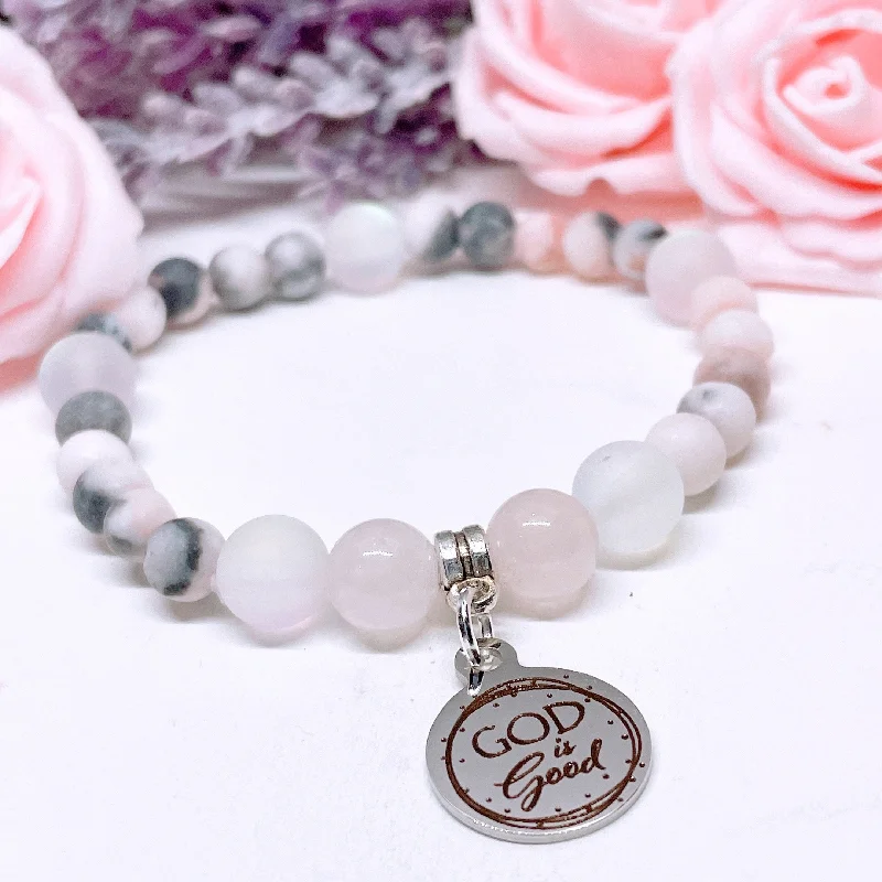 custom silver bracelet with engraved coordinates for family gift-God is Good Companion Charm Bracelet Rose Quartz