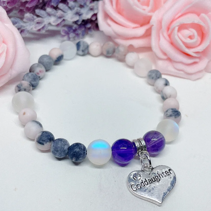 personalized bracelet for anniversary with engraved name-Goddaughter Heart Companion Charm Bracelet Amethyst