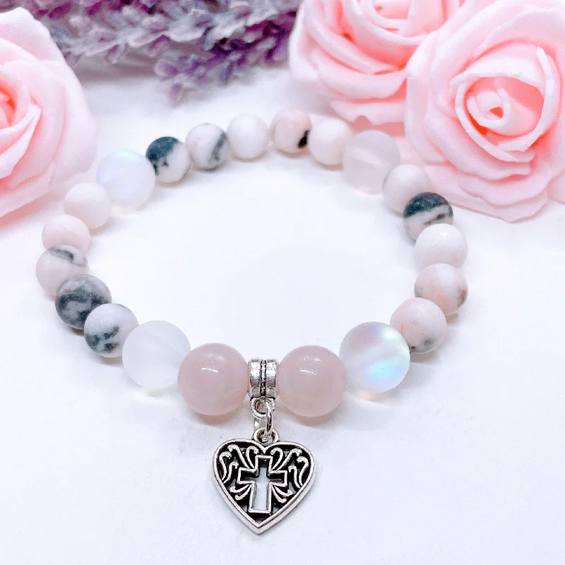 silver bracelet with engraved initials for special occasion-Heart Hollow Cross Classic Charm Bracelet Rose Quartz