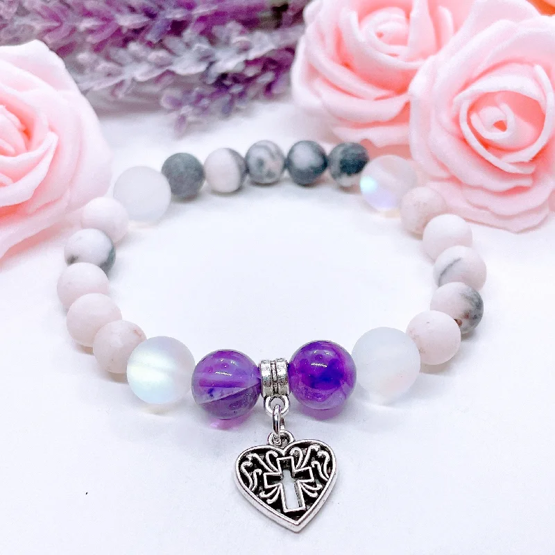 silver bracelet with angel charm for protection and love-Heart Hollow Cross Classic Charm Bracelet Amethyst