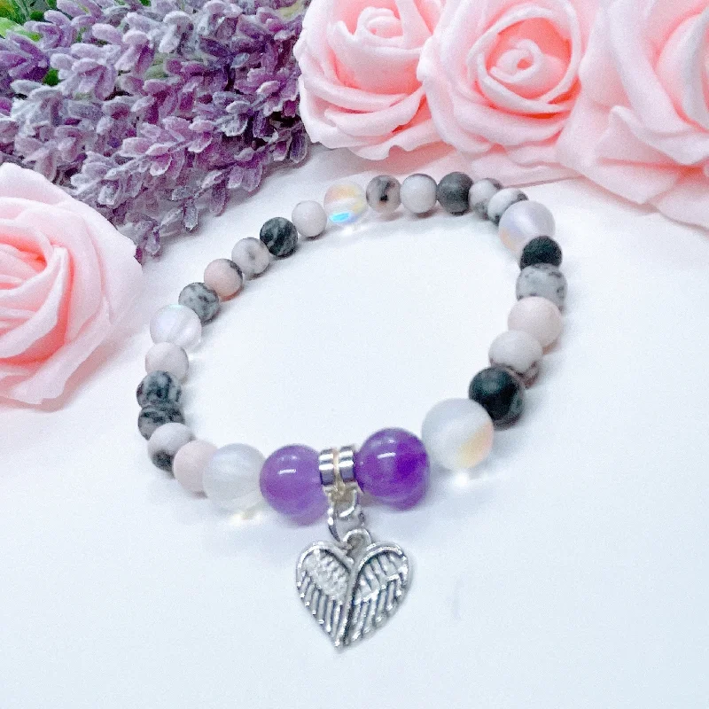 silver bracelet with lotus flower charm for spiritual healing-Angel Wings Heart Companion Charm Bracelet Amethyst