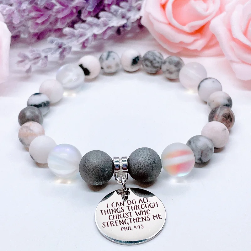 silver bracelet with gemstone beads for energy flow-I Can Do All Things Through Christ Who Strengthens Me Classic Charm Bracelet Druzy