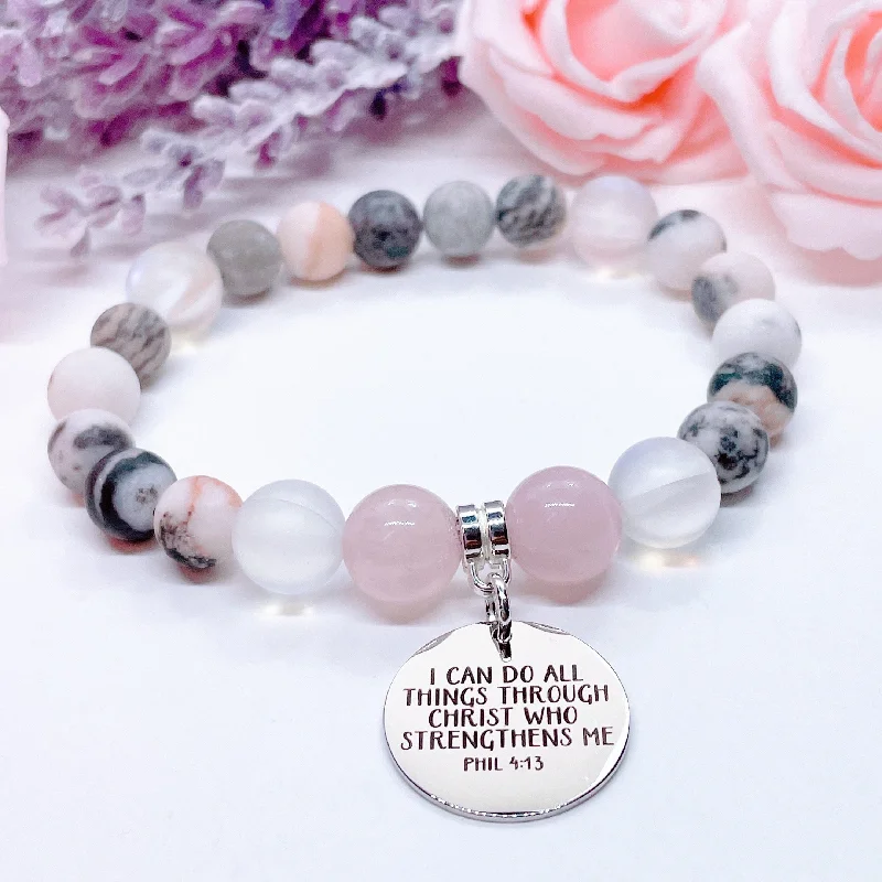 personalized bracelet for birthday with engraving-I Can Do All Things Through Christ Who Strengthens Me Classic Charm Bracelet Rose Quartz