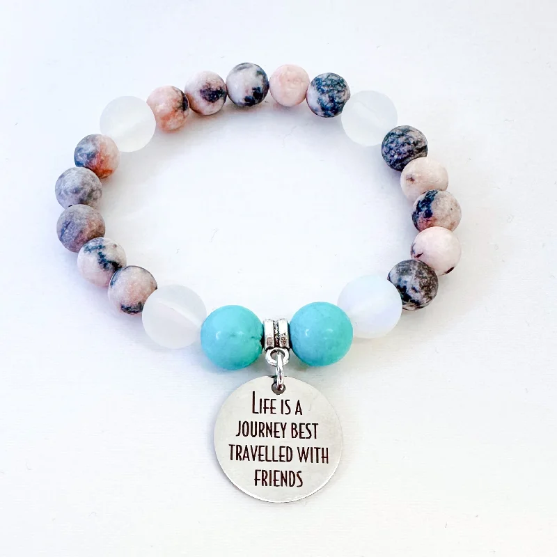 beaded bracelet with turquoise for positive energy and luck-Life is a Journey Best Traveled with Friends Classic Charm Bracelet Turquoise