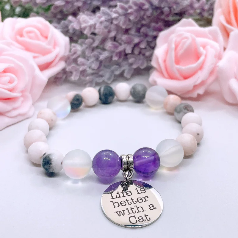 silver cuff bracelet with coordinates for adventure memories-Life is Better with a Cat Classic Charm Bracelet Amethyst