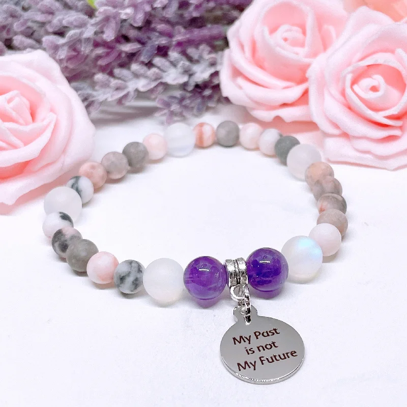 custom silver bracelet with initials for anniversary gift-My Past is Not My Future Companion Charm Bracelet Amethyst