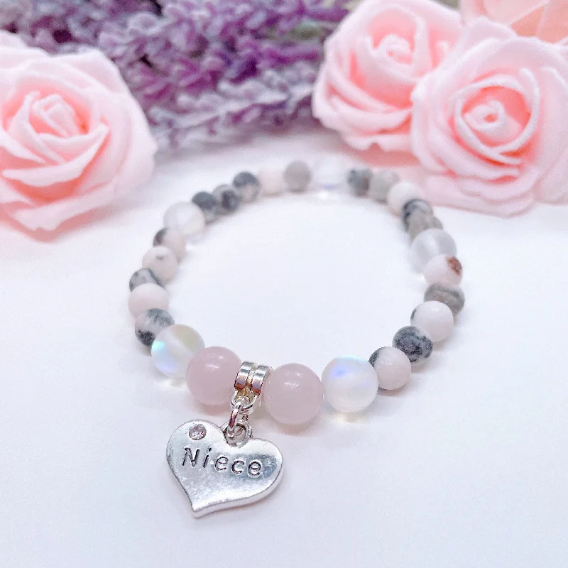 silver bracelet with engraved coordinates for travel memories-Niece Heart Companion Charm Bracelet Rose Quartz