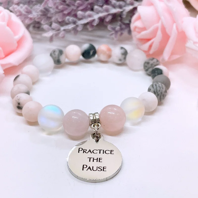 personalized bracelet with engraved quote for encouragement-Practice the Pause Classic Charm Bracelet Rose Quartz