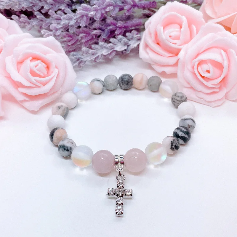 custom bracelet with engraved initials for special event-Rhinestone Cross Classic Charm Bracelet Rose Quartz