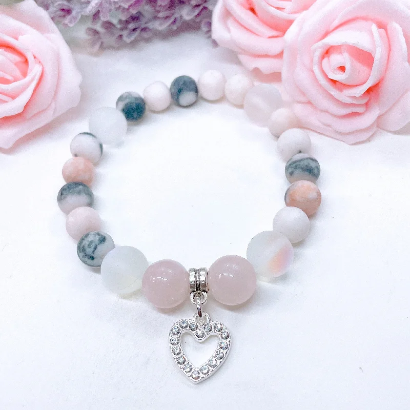 silver bracelet with engraved coordinates for memorable places-Rhinestone Heart Classic Charm Bracelet Rose Quartz