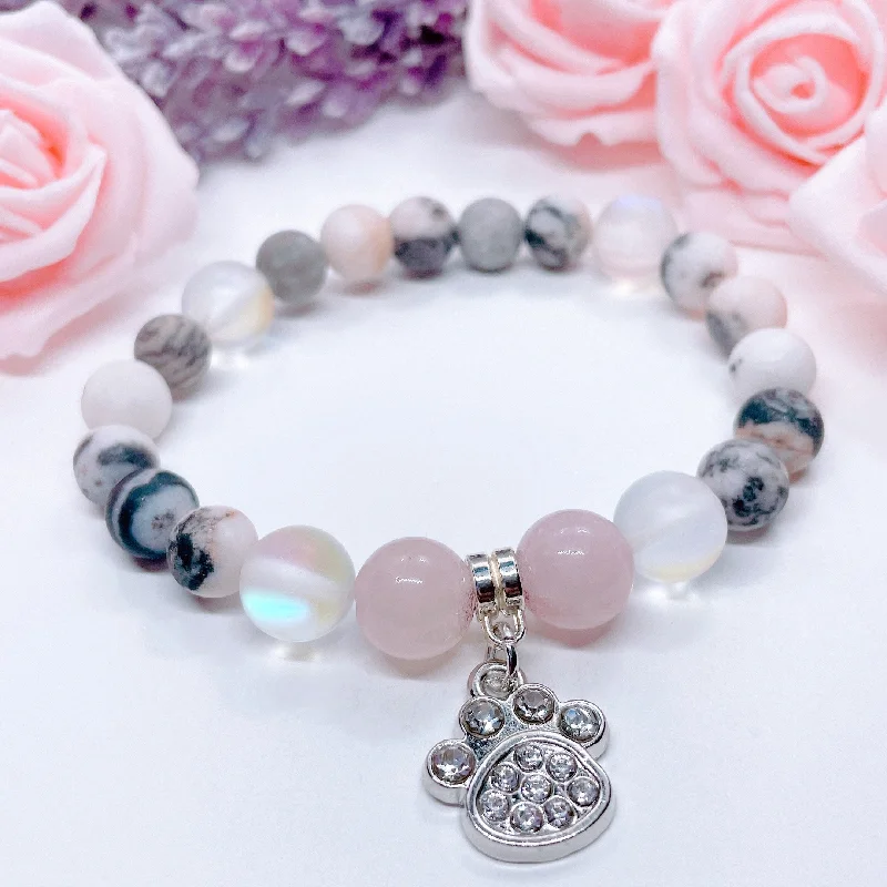 silver bracelet with angel wings for love and protection-Rhinestone Paw Classic Charm Bracelet Rose Quartz