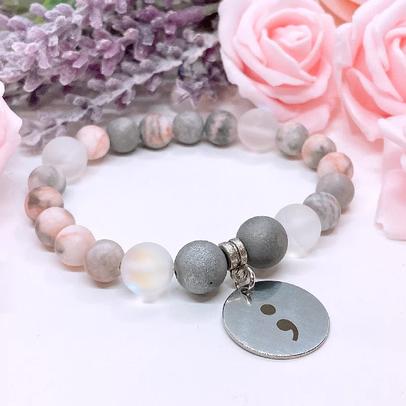 personalized silver bracelet with engraved initials for mom-Semicolon Classic Charm Bracelet Bracelet Druzy